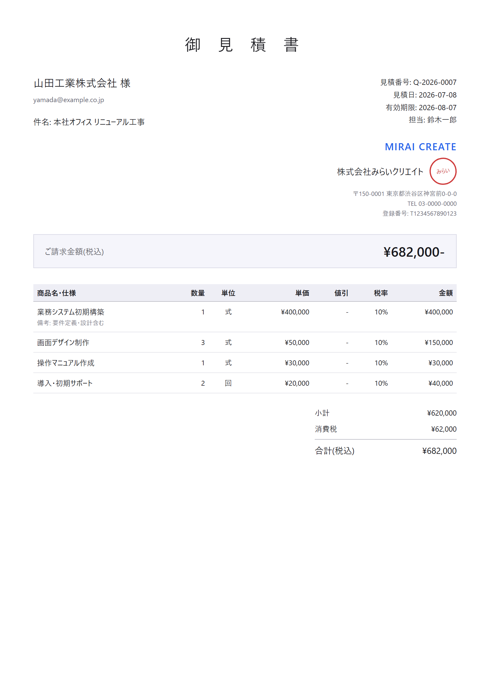 会社ロゴ・角印入りで出力される見積書PDF